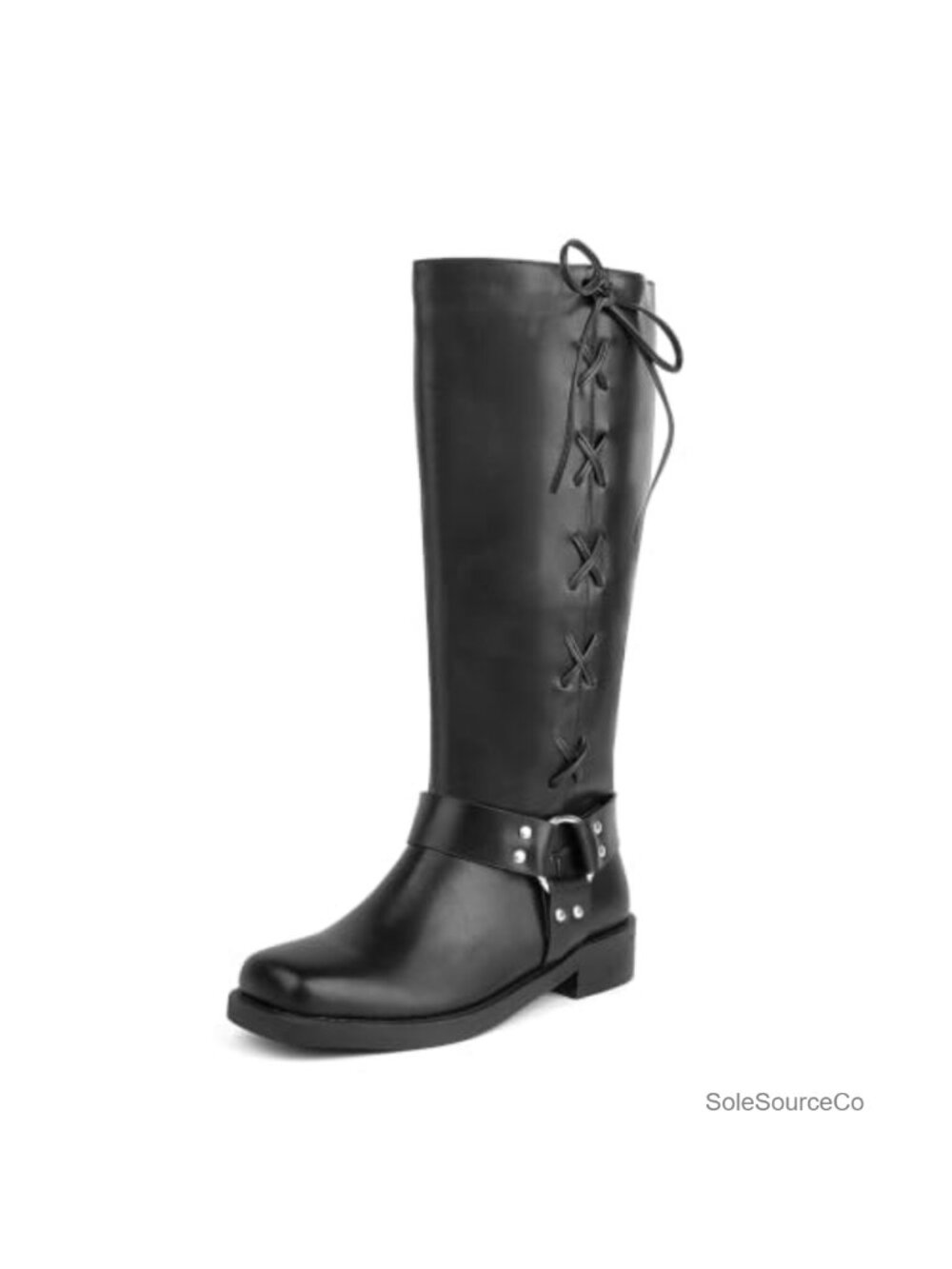 Faux Leather Knee High Motorcycle Boots Square Toe Pull-On Buckle